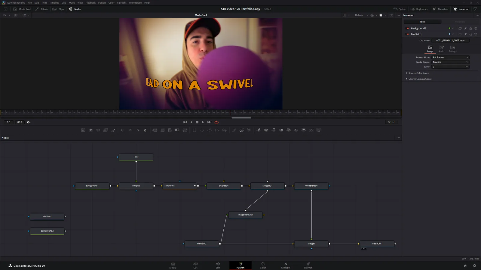 DaVinci Resolve Fusion page with the node tree for a caption effect