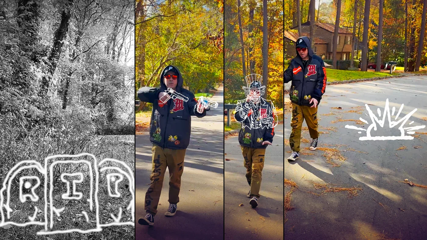 Four frames from the video with hand drawn white graphics: tombstones, pistols, an Uncle Sam skull, and a burst
