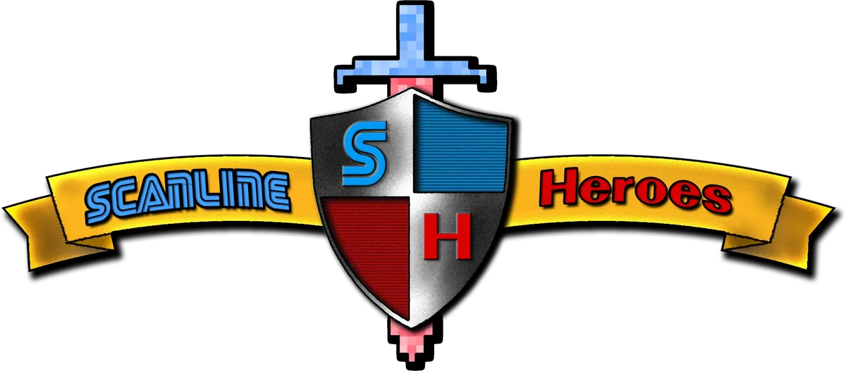 Scanline Heroes logo: a silver shield with S and H in red and blue, crossed by a gold banner