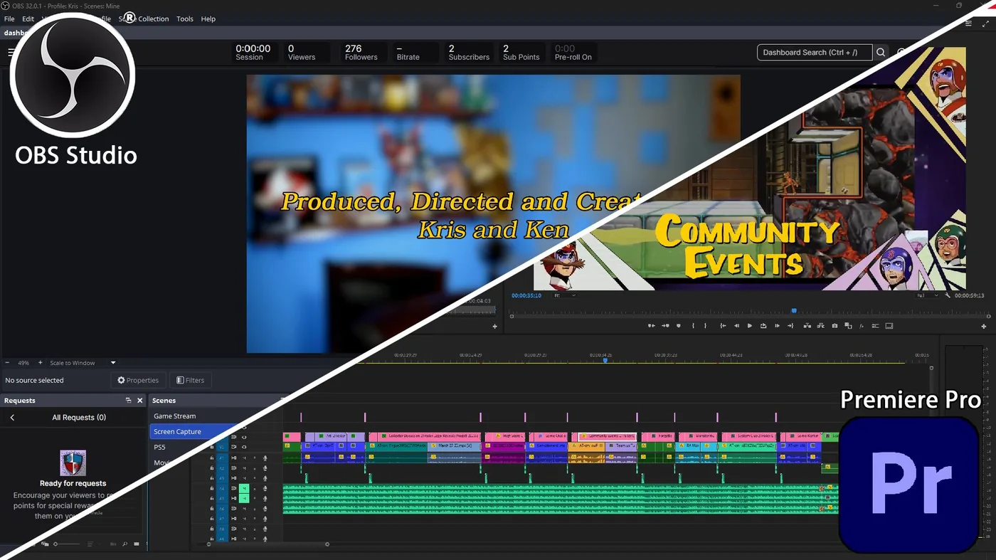OBS Studio live scene on one side and a Premiere Pro edit timeline on the other