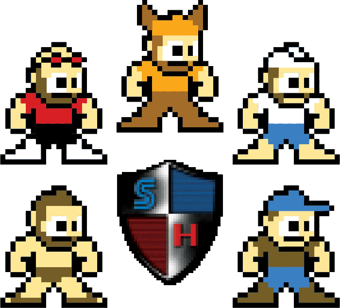 Five pixel art host characters around the Scanline Heroes shield