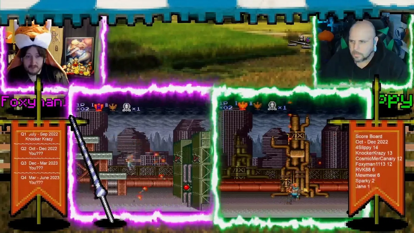 Credits and Continues live stream with a neon castle overlay