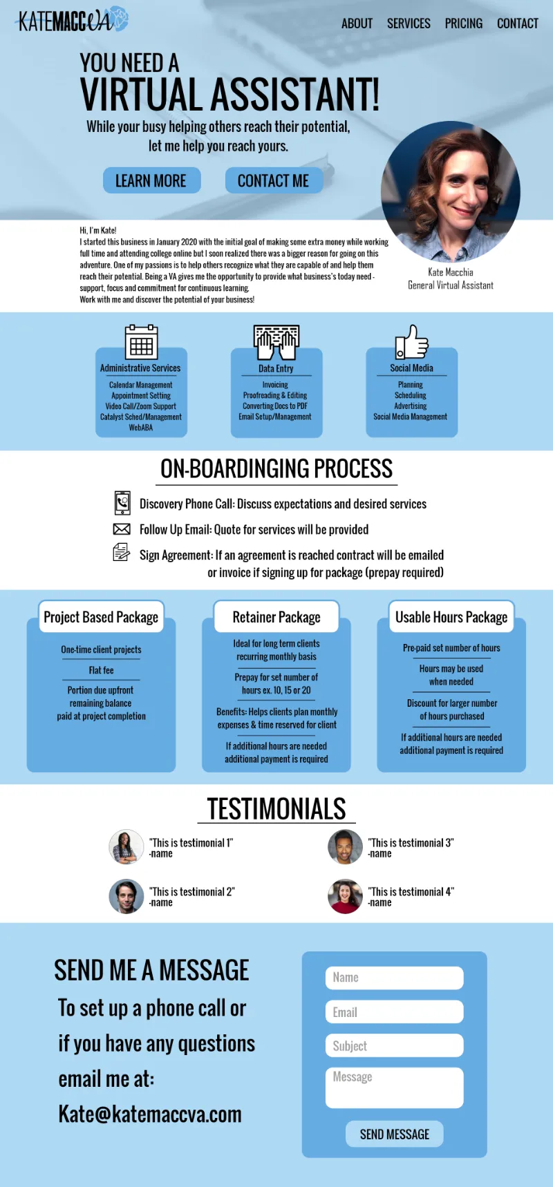 Full page design of the katemaccva.com website